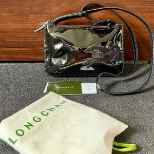 Longchamp Double Zip Crossbody Bag Black Patent Leather Suede Adjustable Strap